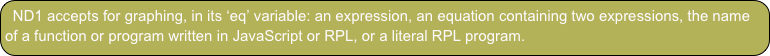 ND1 accepts for graphing, in its ‘eq’ variable: an expression, an equation containing two expressions, the name of a function or program written in JavaScript or RPL, or a literal RPL program.